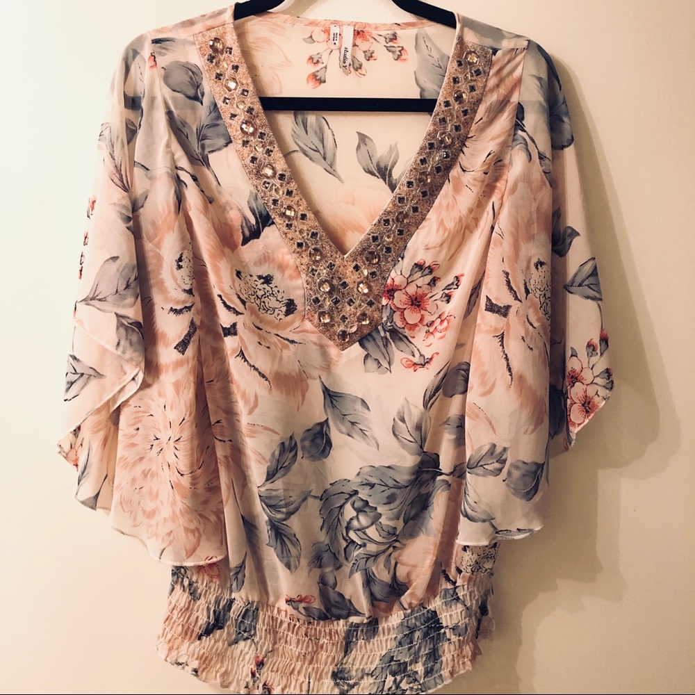 Floral Beaded V-Neck Blouse